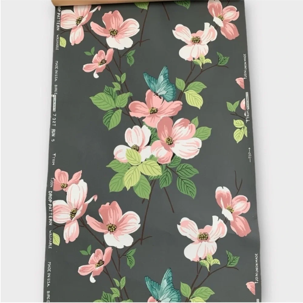 Vintage Botanical Floral Dogwood and Butterfly Birge Wallpaper from the 30s-40s